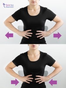 Ułożenie ciała do ćwiczenia oddechowego na zaangażowanie przepony – 2 zdjęcia z rękami w talii, pierwsze przy wdechu (talia się rozszerza), drugie przy wydechu (talia się zwęża)